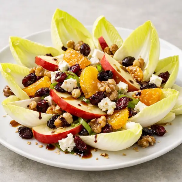 Ensalada agridulce de endivia: hojas de endivia crujientes con manzana, naranja, frutos secos y vinagreta suave en plato blanco, fotograf&iacute;a luminosa y realista