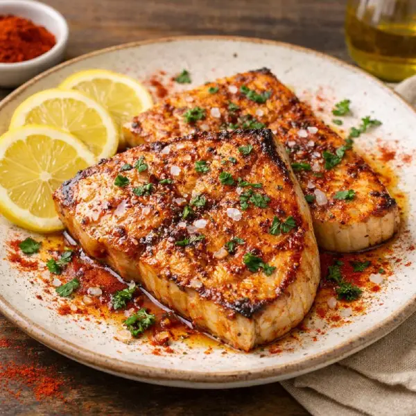 Emperador marinado con piment&oacute;n al lim&oacute;n a la plancha, con lim&oacute;n en rodajas y acabado gourmet sobre plato neutro.