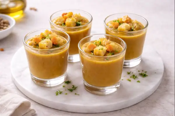 Crema de lentejas casera servida en cuenco blanco, con textura suave, un hilo de aceite de oliva y picatostes por encima