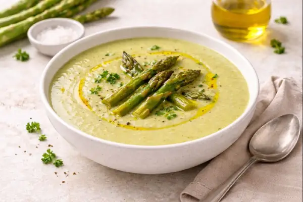 Crema de esp&aacute;rragos suave y cremosa en bol blanco, decorada con puntas de esp&aacute;rrago, aceite de oliva y pimienta negra, en fotograf&iacute;a luminosa.