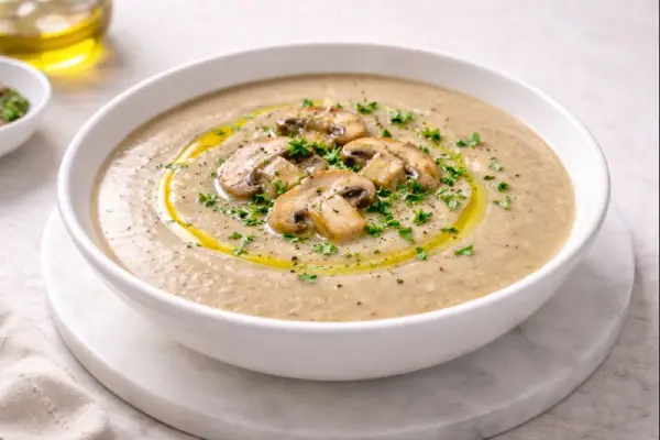 Crema de champi&ntilde;ones cremosa servida en cuenco blanco, con un hilo de aceite de oliva y perejil picado por encima, sobre fondo neutro y luminoso.