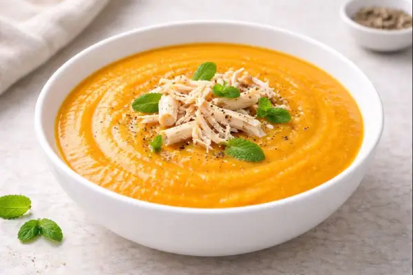Crema de calabaza y pollo servida en cuenco blanco, con calabaza triturada, pollo desmenuzado y hojas de yerbabuena como acabado, en fondo neutro y luz natural