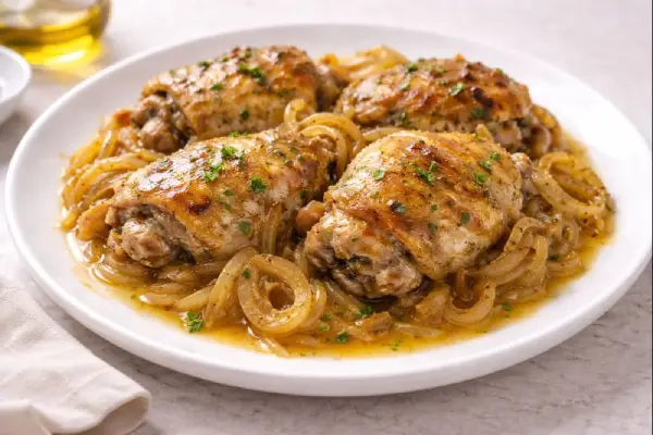 Contramuslos de pollo encebollado servidos con cebolla pochada y jugos de cocci&oacute;n, en plato blanco sobre fondo neutro y luminoso.