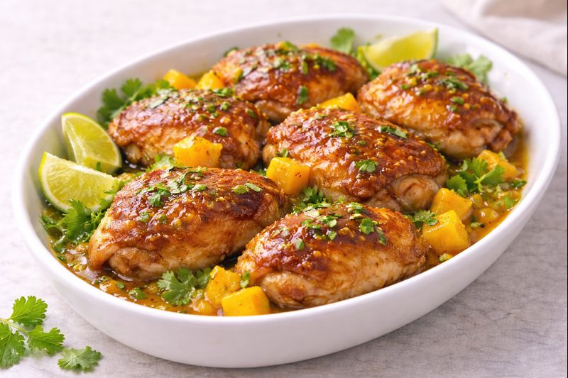 Contramuslos de pollo asado con mango en fuente blanca, con salsa de mango, cilantro fresco y cu&ntilde;as de lima.