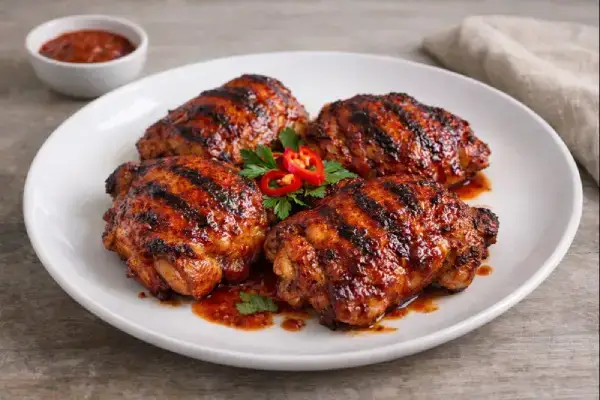 Contramuslos de pollo a la diabla a la parrilla con glaseado picante y acabado brillante en plato blanco.