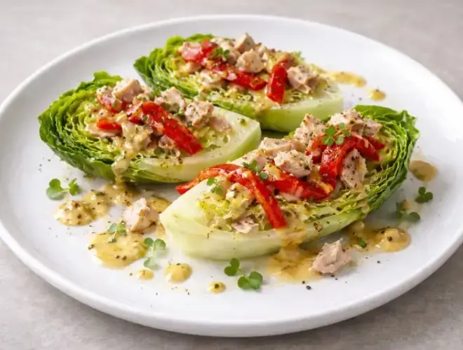 Cogollos con atún a la mostaza con pimiento asado y vinagreta cremosa, presentación gourmet en plato