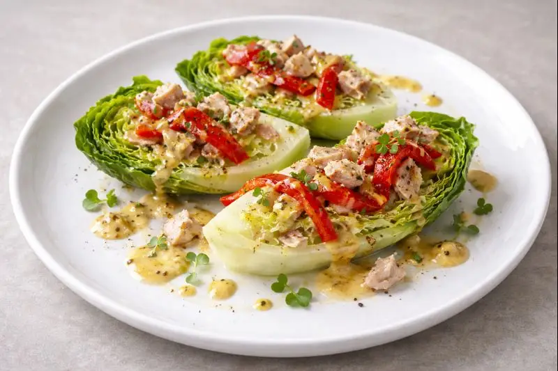 Cogollos con at&uacute;n a la mostaza con pimiento asado y vinagreta cremosa, presentaci&oacute;n gourmet en plato