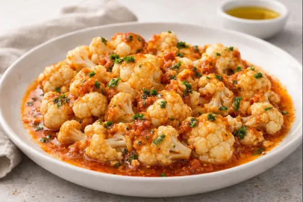 Coliflor al ajoarriero con salsa de ajo, piment&oacute;n y vinagre, presentada en plato blanco con perejil, fotograf&iacute;a gourmet luminosa y realista