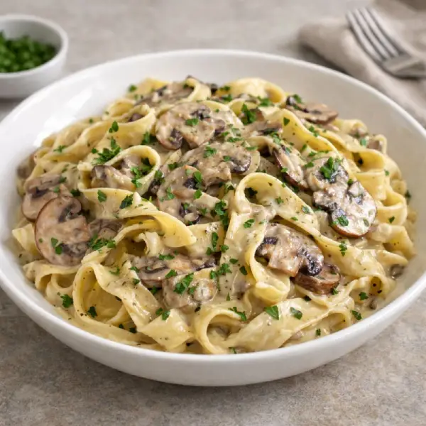 Cintas con salsa de setas cremosa, con setas salteadas y toque de perejil, servidas en plato blanco con fondo neutro.