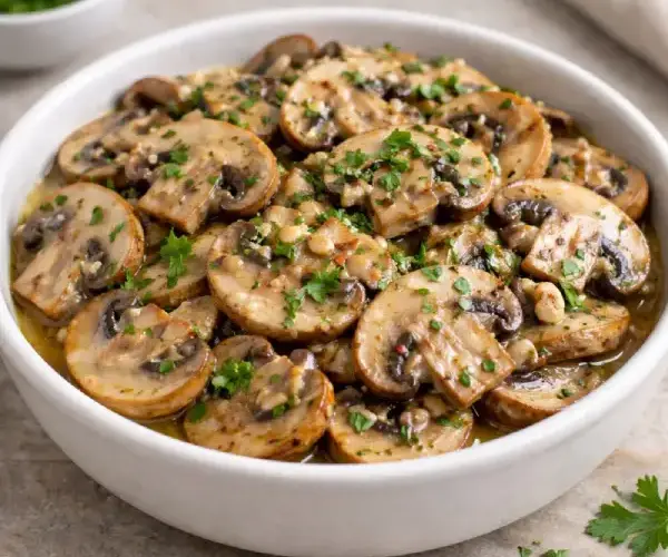 Champiñones al ajillo salteados con ajo y perejil, brillantes en aceite de oliva, servidos en cuenco blanco sobre fondo neutro.