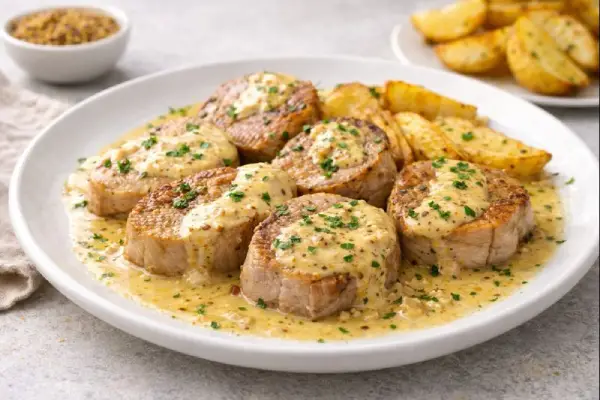 Cerdo con mostaza en salsa cremosa, servido en plato llano con acabado gourmet, fotograf&iacute;a luminosa y realis