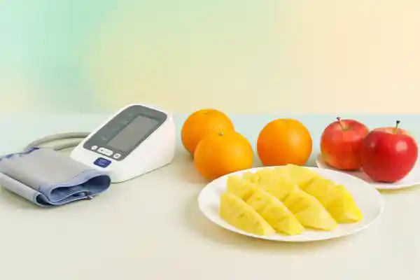 Alimentación para la diabetes con medidor de tensión y frutas (naranja, piña y manzana) sobre mesa blanca