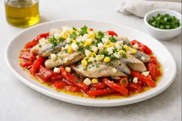 Caballa en escabeche con pimientos rojos servida en fuente, con huevo cocido picado, aceite de oliva y perejil fresco.
