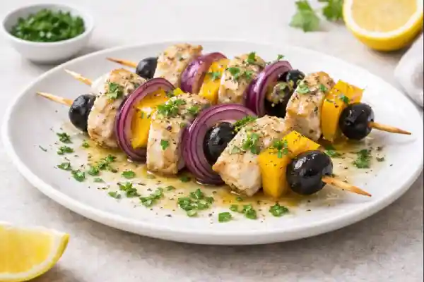 Brocheta de rape con cebolla morada y aceitunas servida en plato blanco, con dados de pimiento amarillo y perejil picado, fotograf&iacute;a luminosa y realista.