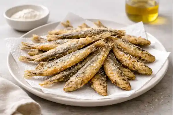 Boquerones fritos crujientes reci&eacute;n hechos sobre papel de cocina en plato cer&aacute;mico neutro, con luz natural y estilo gourmet
