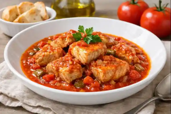 Bonito con tomate en salsa de tomate con cebolla y pimiento verde, servido en cuenco blanco y terminado con perejil fresco.