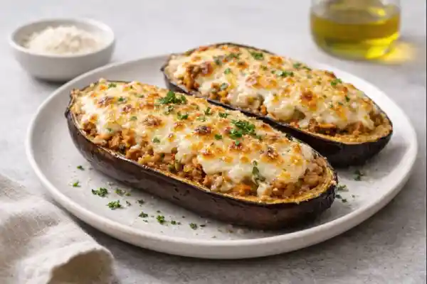 Berenjenas rellenas de carne gratinadas con bechamel ligera y queso rallado light, servidas en plato neutro con luz natural