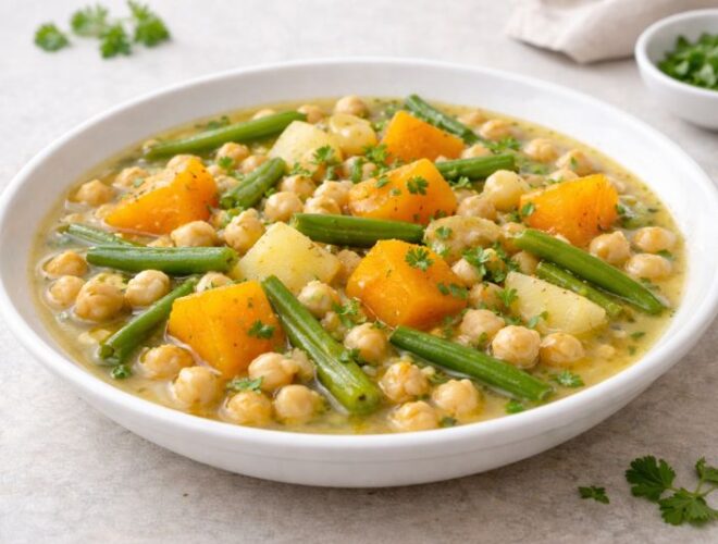 Berza con calabaza y garbanzos servida en plato hondo, con judías verdes y patata en caldo, terminada con perejil fresco