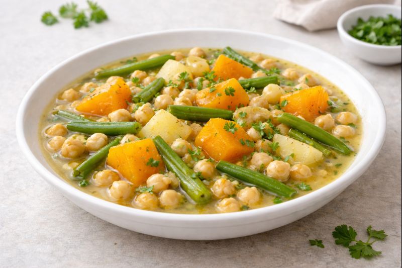 Berza con calabaza y garbanzos servida en plato hondo, con jud&iacute;as verdes y patata en caldo, terminada con perejil fresco