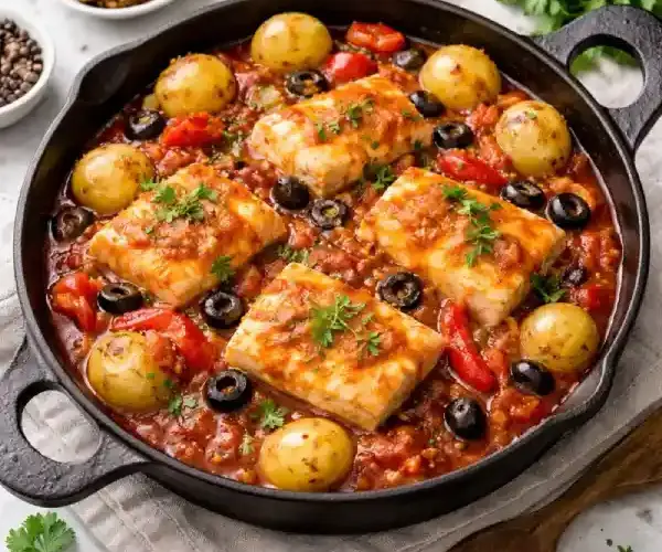 Bacalao con tomate servido en cuenco blanco con salsa de tomate casera y cebolla, terminado con perejil fresco.