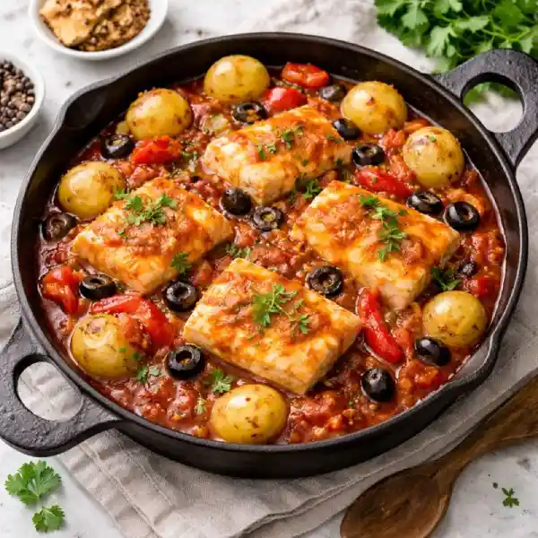 Bacalao con tomate servido en cuenco blanco con salsa de tomate casera y cebolla, terminado con perejil fresco.