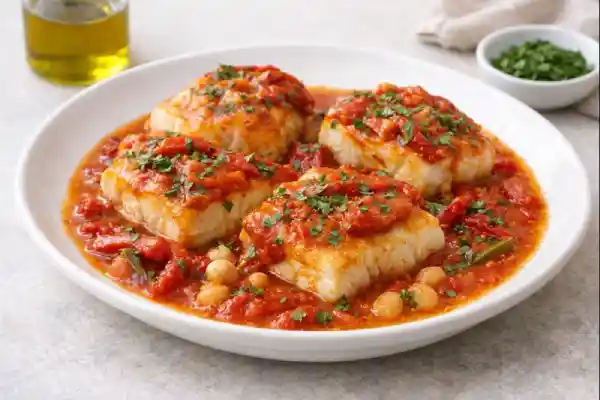 Bacalao a la riojana servido en plato blanco, con lomos de bacalao jugosos cubiertos de salsa roja y tiras de pimiento, terminado con perejil picado, fotograf&iacute;a gourmet luminosa sobre fondo neutro.