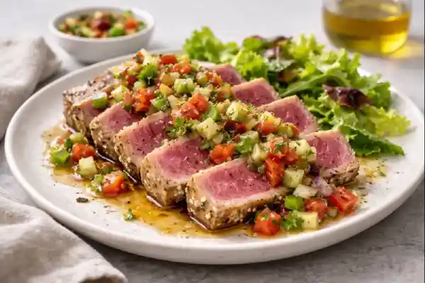 At&uacute;n en vinagreta con dados de tomate, pepino, cebolla y pimiento verde, ali&ntilde;ado con aceite de oliva y vinagre bals&aacute;mico sobre plato neutro