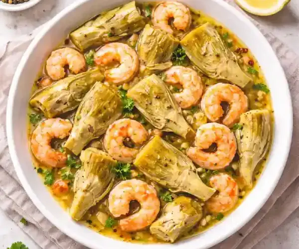 Alcachofas con gambas salteadas en sartén, con alcachofas tiernas y gambas jugosas en aceite de oliva con ajo y limón, foto luminosa y realista.
