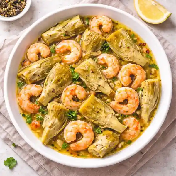 Alcachofas con gambas salteadas en sart&eacute;n, con alcachofas tiernas y gambas jugosas en aceite de oliva con ajo y lim&oacute;n, foto luminosa y realista.