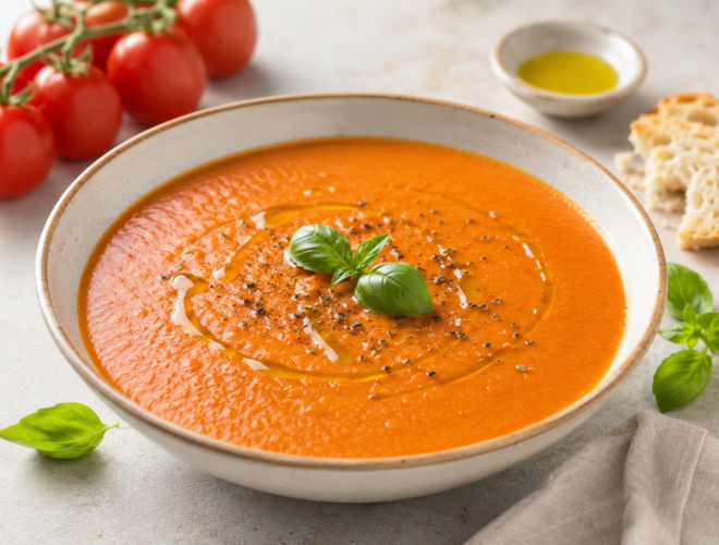 Crema de tomate casera cremosa en cuenco de cerámica con albahaca fresca, aceite de oliva y pimienta negra, fondo neutro y luz natural.