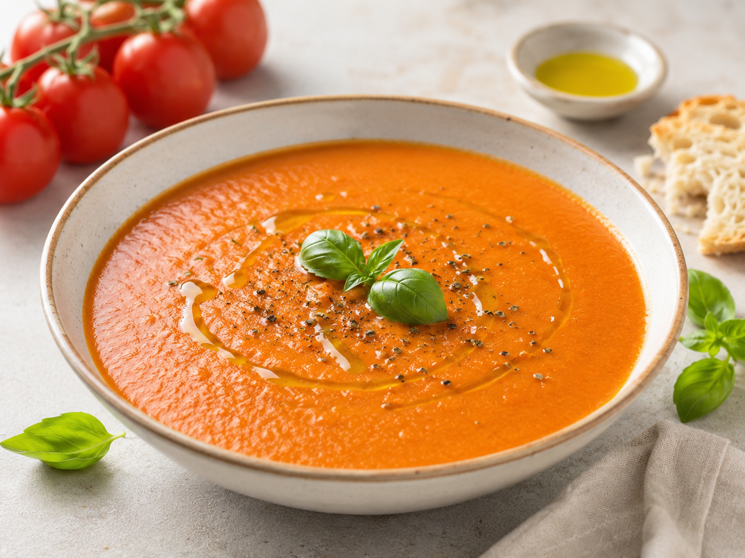 Crema de tomate casera cremosa en cuenco de cer&aacute;mica con albahaca fresca, aceite de oliva y pimienta negra, fondo neutro y luz natural.
