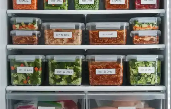 Congelar alimentos de forma segura con recipientes etiquetados en un congelador ordenado con verduras y raciones caseras