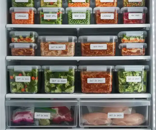 Congelar alimentos de forma segura con recipientes etiquetados en un congelador ordenado con verduras y raciones caseras