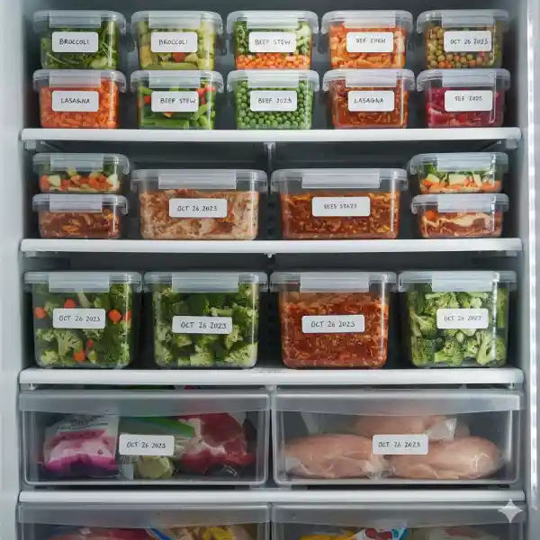 Congelar alimentos de forma segura con recipientes etiquetados en un congelador ordenado con verduras y raciones caseras