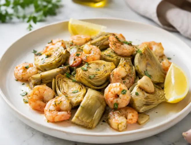 Alcachofas con gambas salteadas en sart&eacute;n, con alcachofas tiernas y gambas jugosas en aceite de oliva con ajo y lim&oacute;n, foto luminosa y realista.