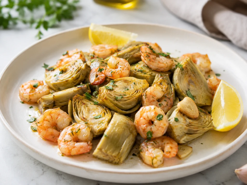 Alcachofas con gambas salteadas en sart&eacute;n, con alcachofas tiernas y gambas jugosas en aceite de oliva con ajo y lim&oacute;n, foto luminosa y realista.