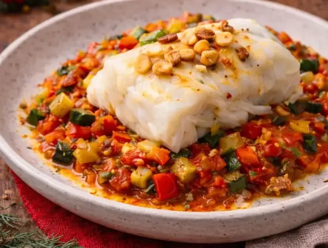 Bacalao confitado suave sobre pisto de verduras con ajo crujiente, cena saludable para Nochebuena