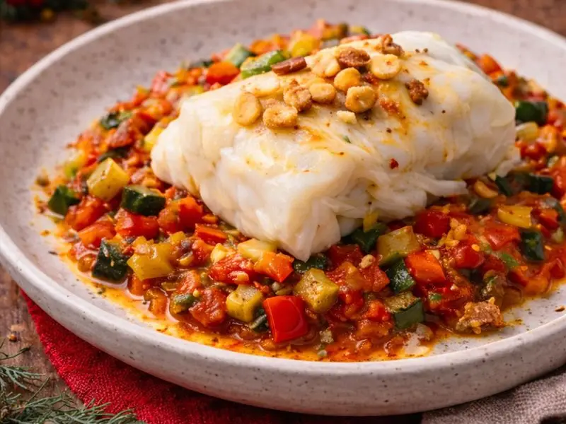 Bacalao confitado suave sobre pisto de verduras con ajo crujiente, cena saludable para Nochebuena