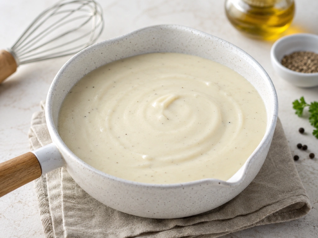 Bechamel baja en calor&iacute;as cremosa en cuenco blanco, salsa ligera de calabac&iacute;n con luz natural y fondo neutro