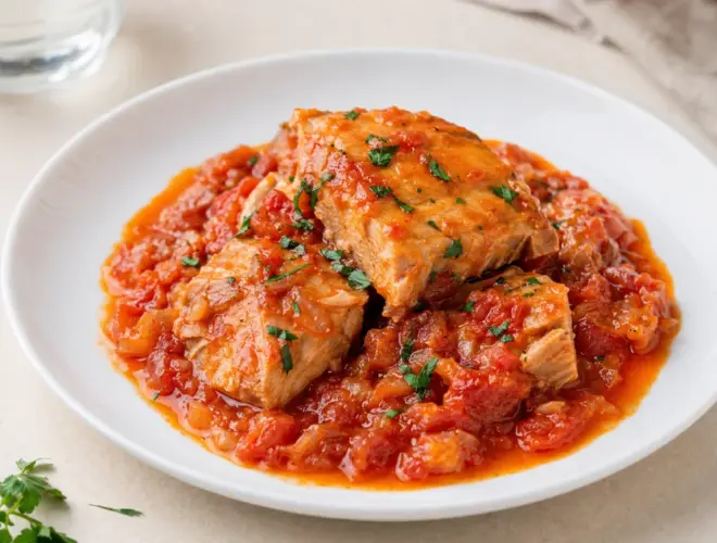 Bonito con tomate en salsa de tomate con cebolla y pimiento verde, servido en cuenco blanco y terminado con perejil fresco.