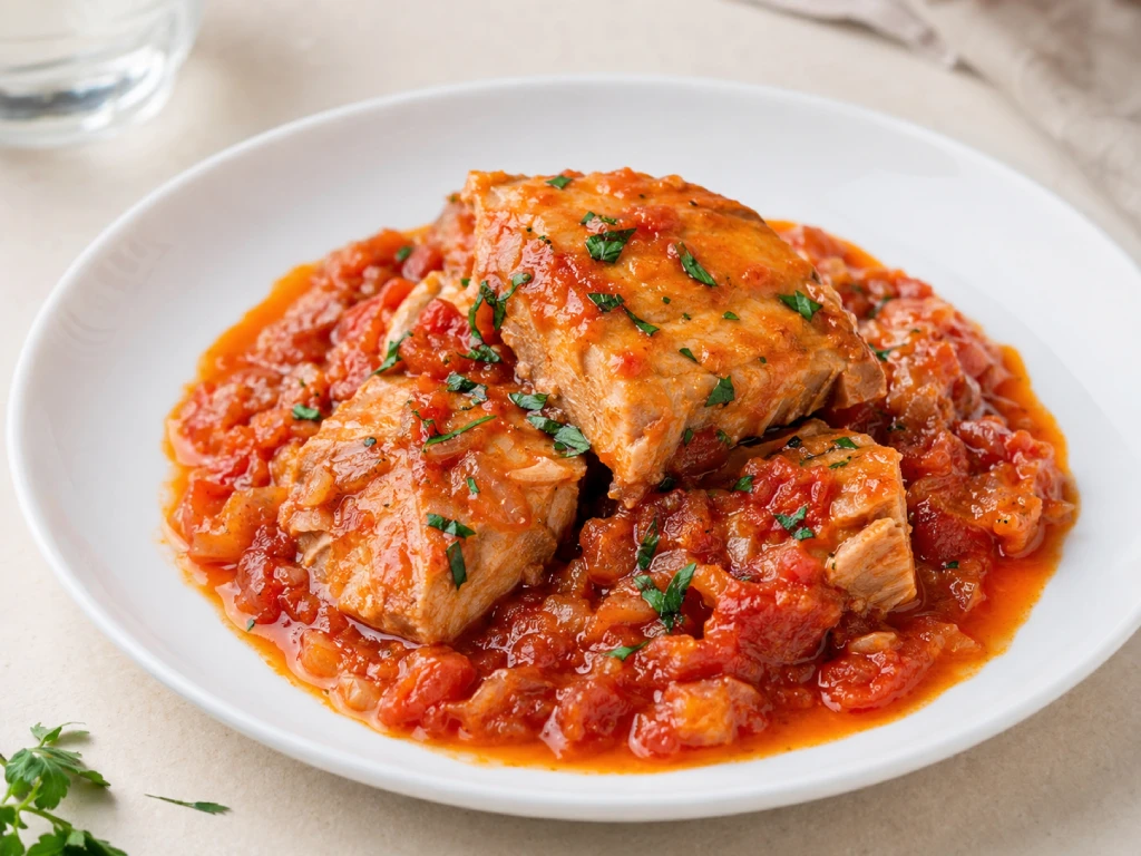 Bonito con tomate en salsa de tomate con cebolla y pimiento verde, servido en cuenco blanco y terminado con perejil fresco.