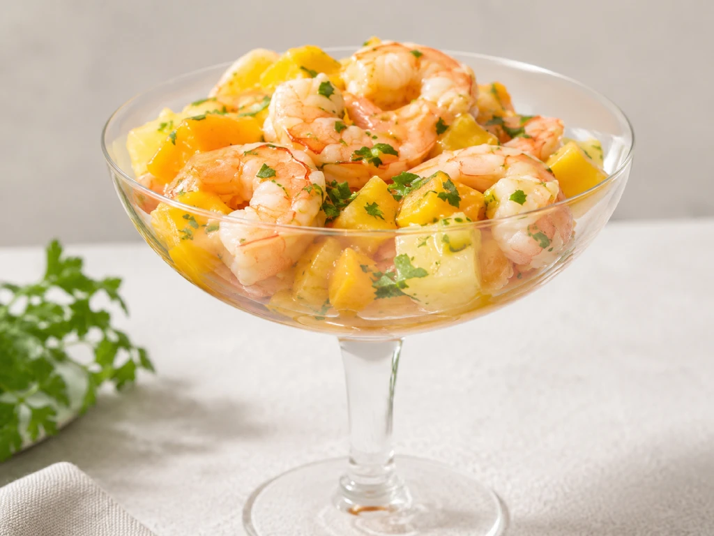 C&oacute;ctel de langostinos con vinagreta de c&iacute;tricos servido en copa, con pi&ntilde;a y mango en dados y perejil por encima
