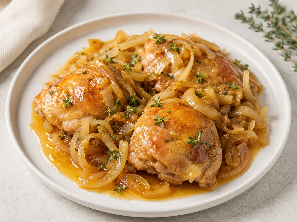 Contramuslos de pollo encebollado servidos con cebolla pochada y jugos de cocci&oacute;n, en plato blanco sobre fondo neutro y luminoso.