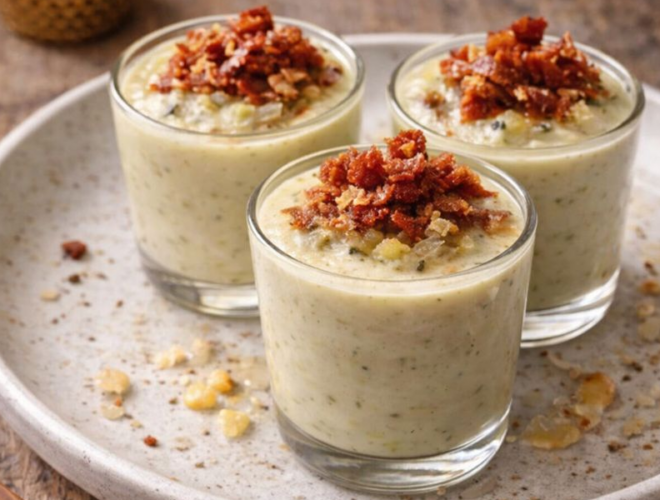 Vasitos de crema de puerro con aceite de trufa y crujiente de jamón de pavo, entrante saludable para Nochebuena