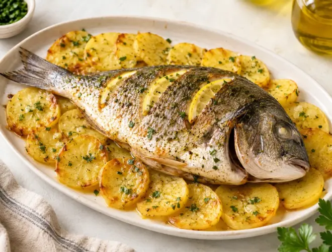 Dorada al horno con patatas jugosa con limón, ajo y perejil, servida con patatas en rodajas doradas al horno en bandeja.