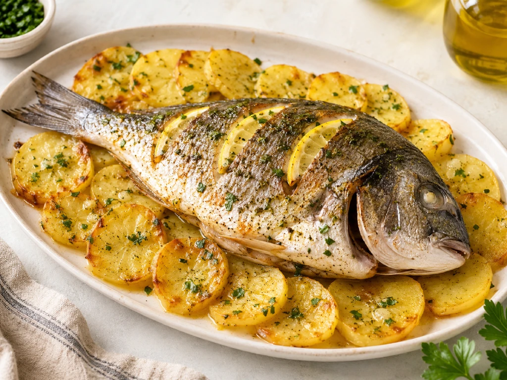 Dorada al horno con patatas jugosa con lim&oacute;n, ajo y perejil, servida con patatas en rodajas doradas al horno en bandeja.