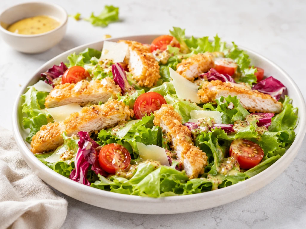 Ensalada con crujiente de pollo con brotes tiernos, aguacate, uvas negras, s&eacute;samo tostado y vinagreta de manzana en plato blanco, fotograf&iacute;a luminosa.