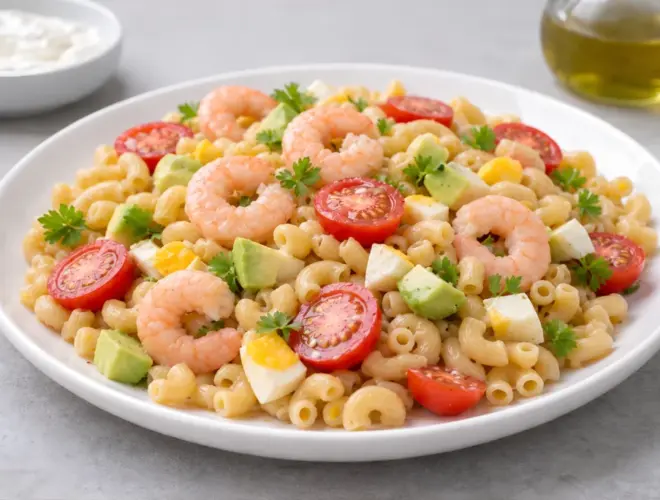 Ensalada de pasta con gambas servida en plato blanco, con espirales de pasta, gambas cocidas, tomates, dados de mango y piña, y salsa rosa en un entorno luminoso y fondo neutro.
