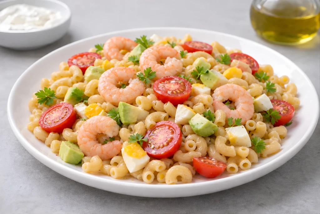 Ensalada de pasta con gambas servida en plato blanco, con espirales de pasta, gambas cocidas, tomates, dados de mango y pi&ntilde;a, y salsa rosa en un entorno luminoso y fondo neutro.