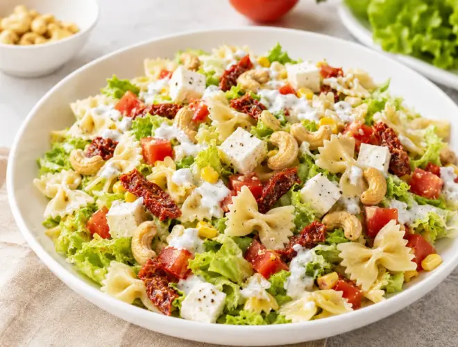 Ensalada de pasta integral con anacardos y queso fresco con tomate y salsa de yogur, servida en plato blanco con luz natural.